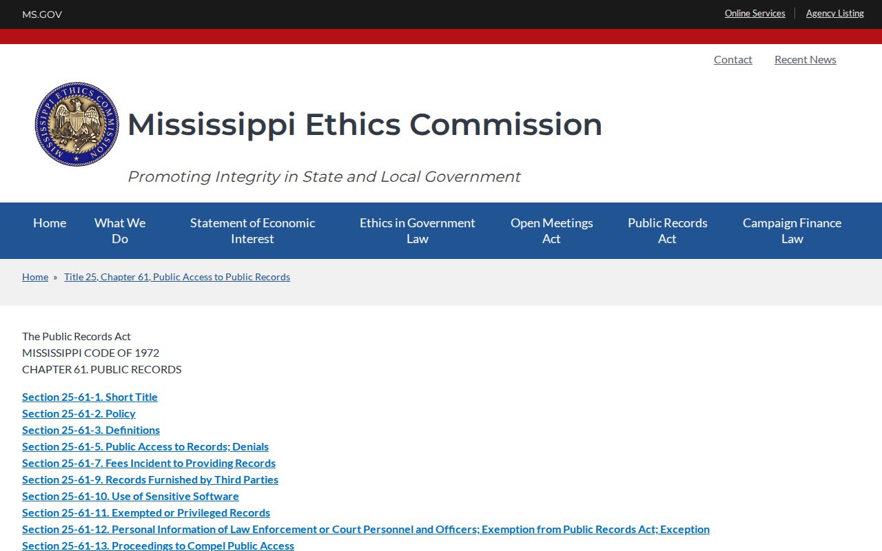 Carroll County booking-record request source, Mississippi Public Records Act information