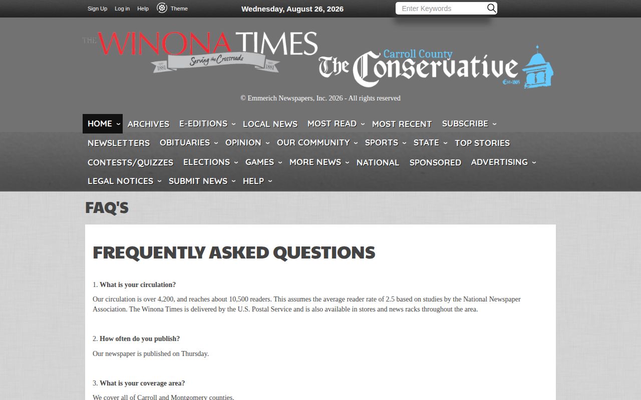 Carroll County arrest news record source, Winona Times publication information
