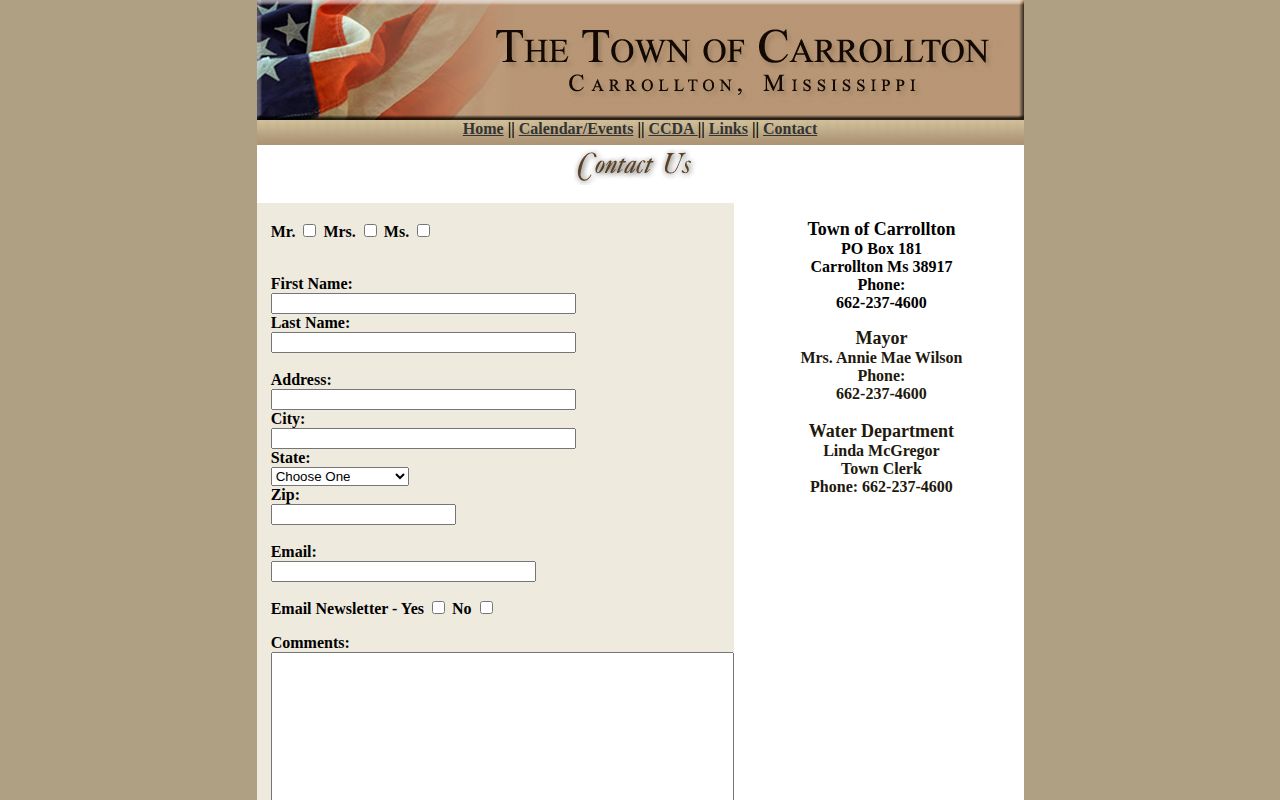 Carrollton official town contact page for Carroll County arrest-record routing
