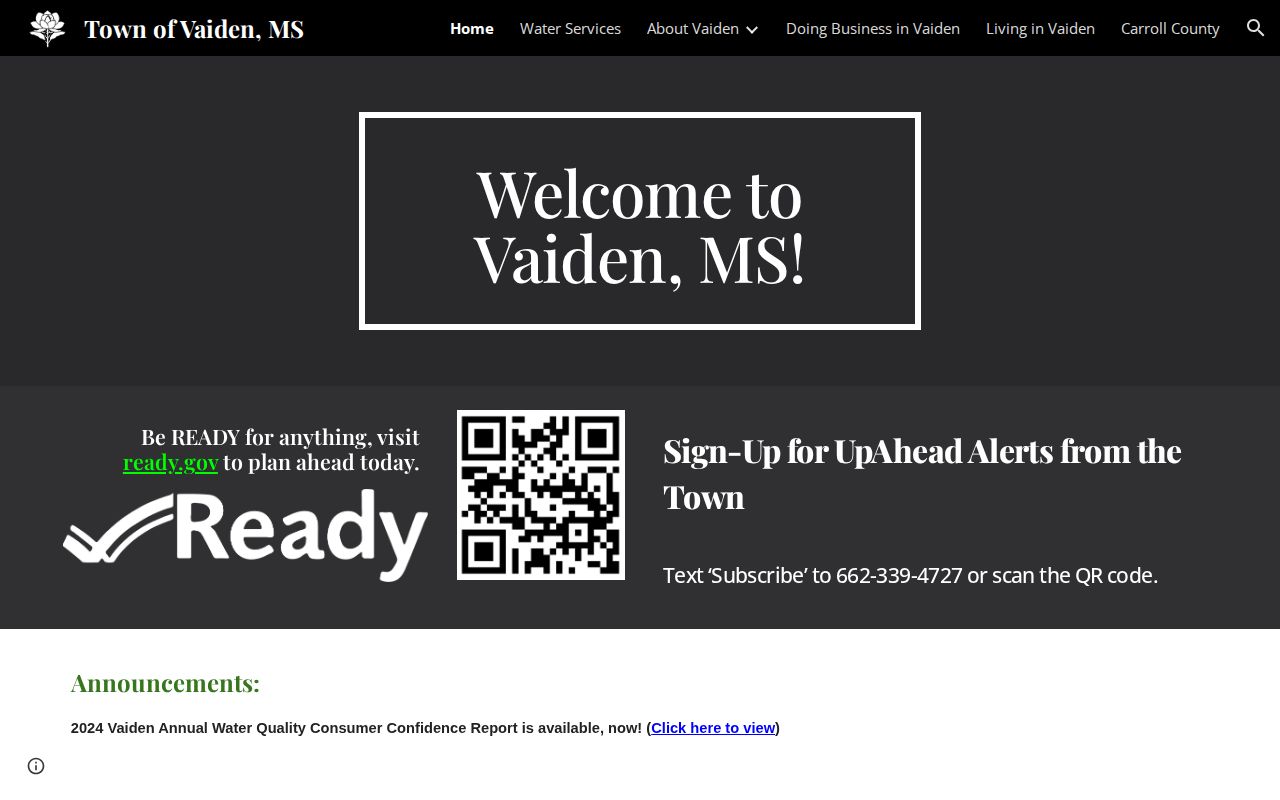 Vaiden official municipal contact page for Carroll County arrest-record routing
